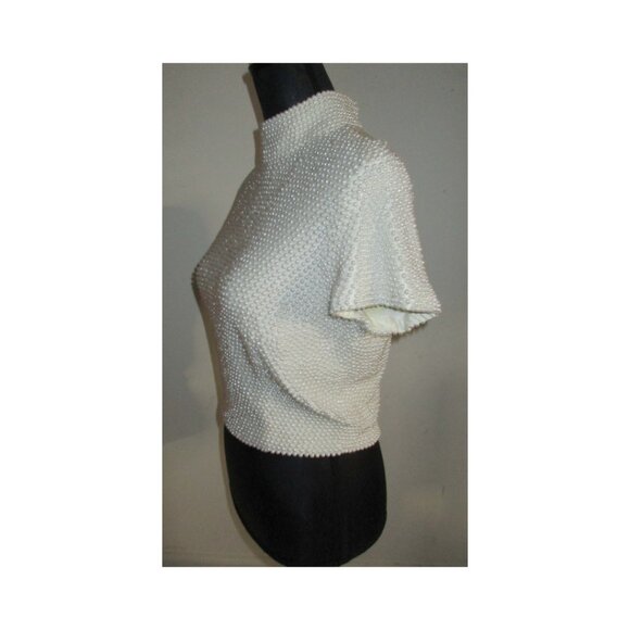 Vintage 80's VIE by Victoria Royal Mock Neck Pearl Beaded Top Hong Kong Size 12 - Picture 2 of 9